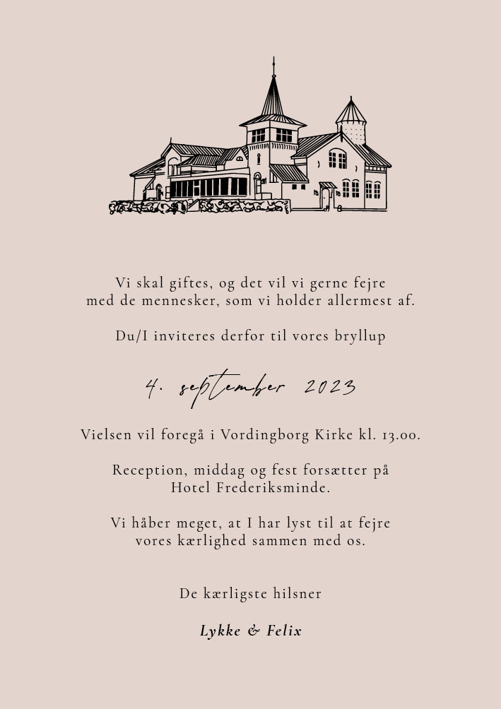 
                Minimalistisk bryllups invitation med illustration af Hotel Frederiksminde.  
Til invitationen findes også matchende bordkort, menukort, takkekort m.m.                